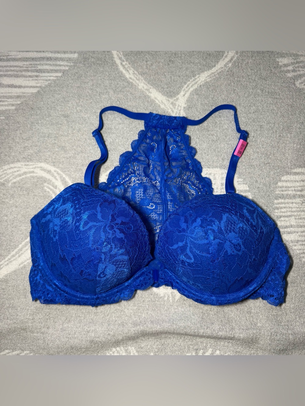 Victoria Secret Pink Push Up Bra 32DD Front Close Underwire Lace Racerback Blue